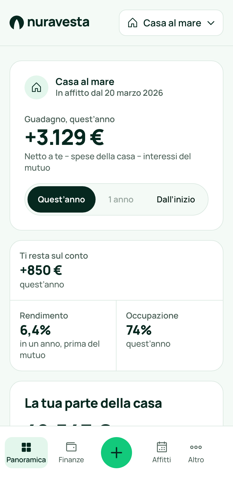 La Panoramica di Nuravesta su telefono: il guadagno dell’anno, 3.129 euro, quanto resta sul conto, il rendimento e l’occupazione.